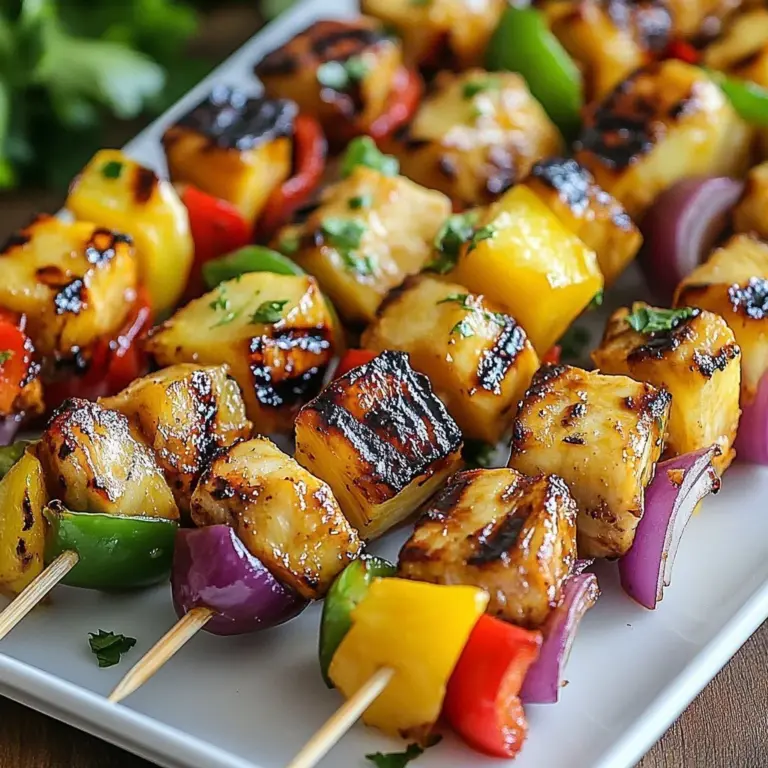 Hawaiian pineapple chicken skewers garnished with green onions and grilled