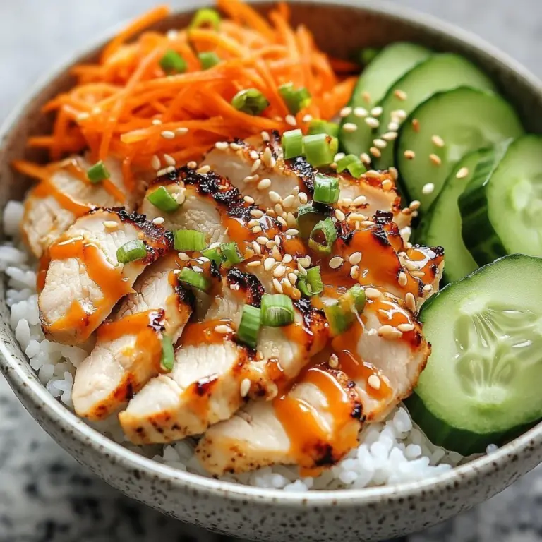 Healthy Thai peanut chicken bowl with fresh vegetables and peanut sauce