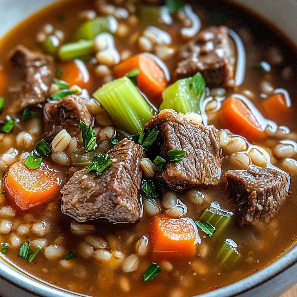 Bowl of hearty beef and barley soup with fresh vegetables