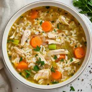 Bowl of hearty chicken rice soup garnished with herbs and spices