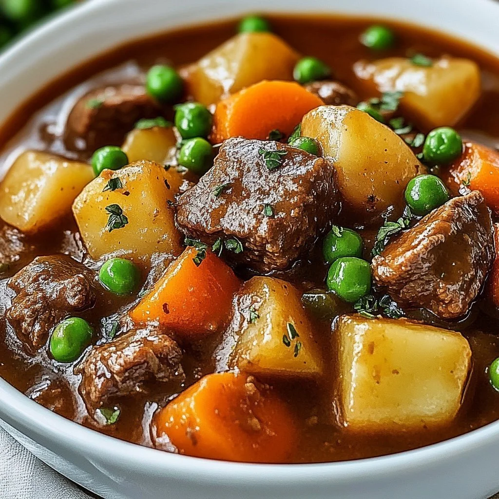 Hearty pressure-cooked beef stew in a bowl with vegetables and herbs