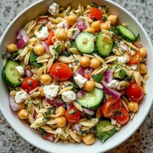 Herby Chickpea Feta Pasta Salad with fresh herbs and colorful ingredients