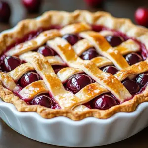 Homemade cherry pie fresh out of the oven, showcasing its flaky crust and vibrant filling.