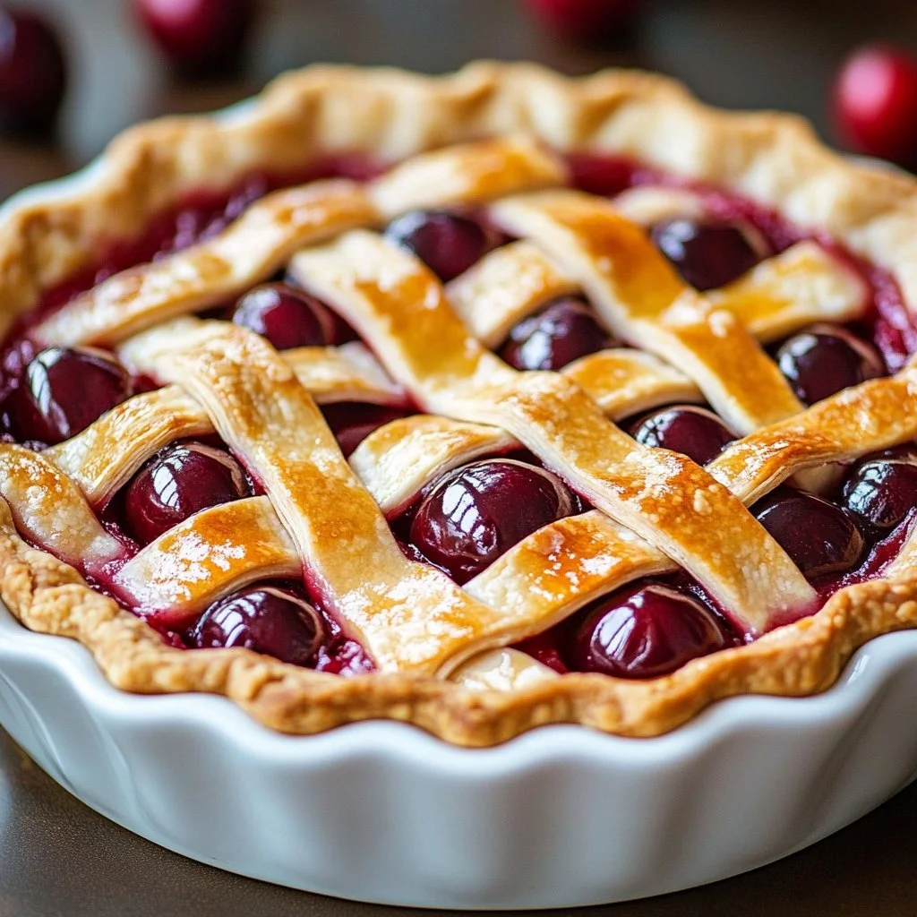 Homemade cherry pie fresh out of the oven, showcasing its flaky crust and vibrant filling.