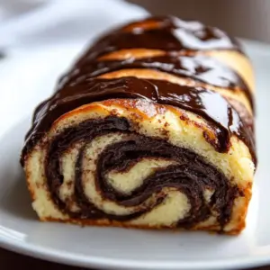 Homemade chocolate babka fresh out of the oven, showcasing its swirled chocolate filling