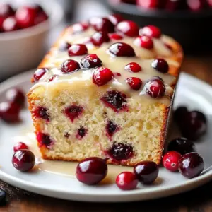 Homemade cranberry bread topped with orange glaze on a wooden table