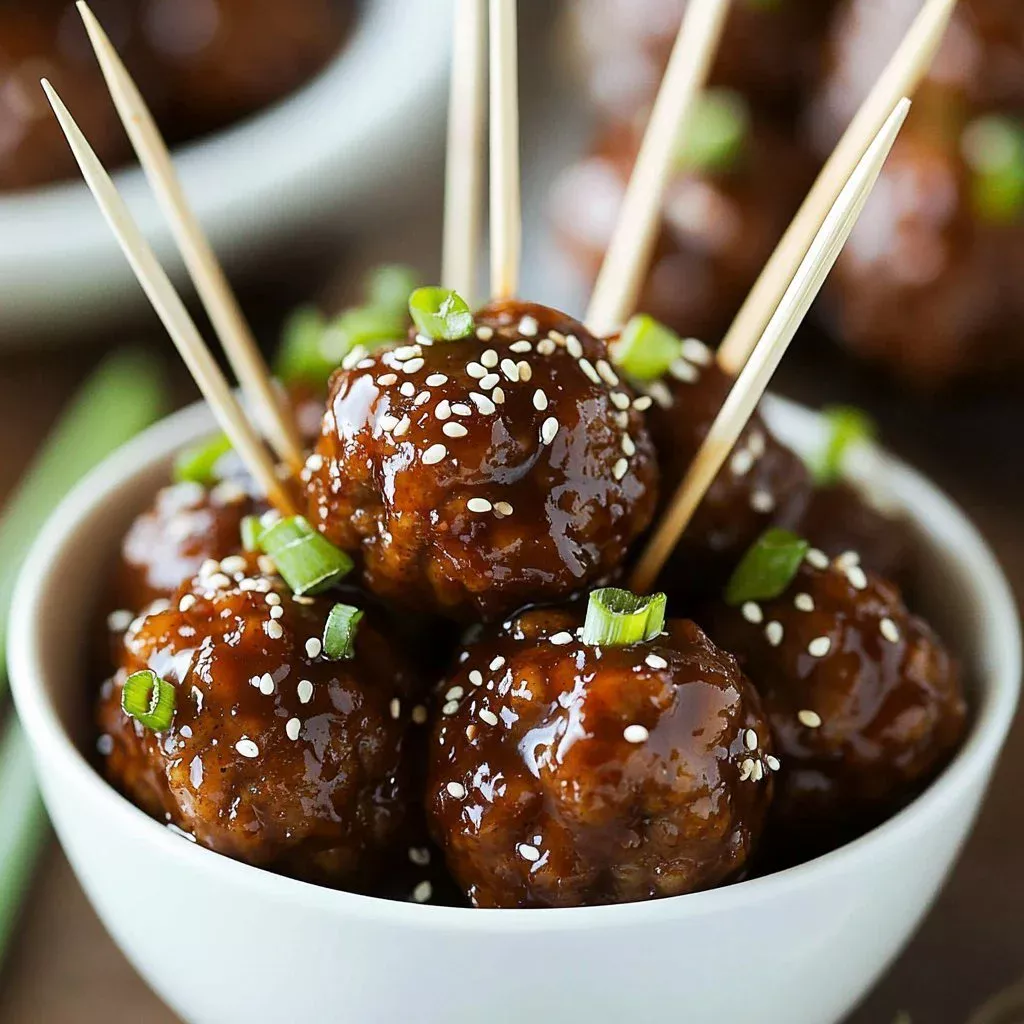Honey garlic crockpot meatballs served in a bowl on a wooden table