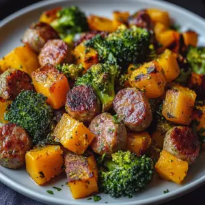 Honey Garlic Sausage Sheet Pan Dinner with vegetables and herbs