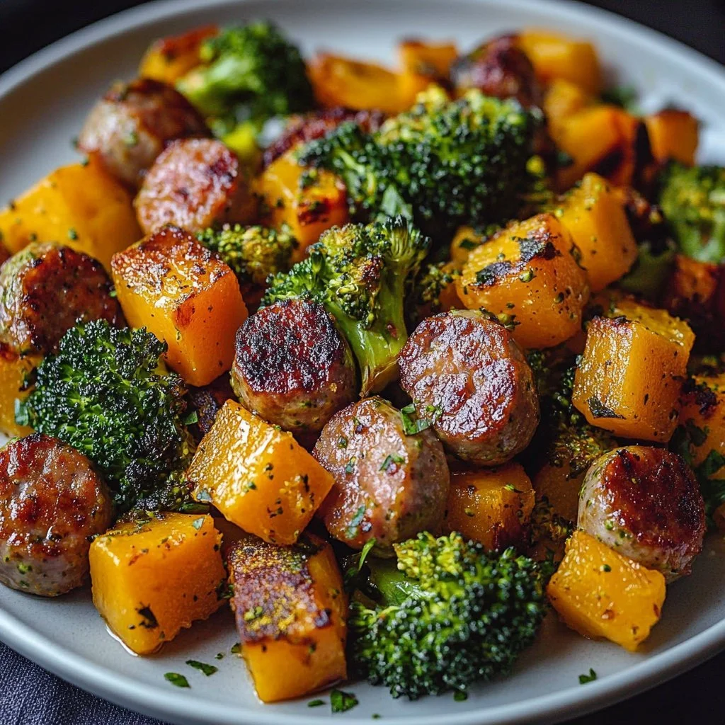 Honey Garlic Sausage Sheet Pan Dinner with vegetables and herbs