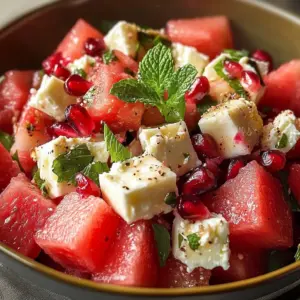 Honey-glazed watermelon feta salad served in a bowl, garnished with mint leaves.