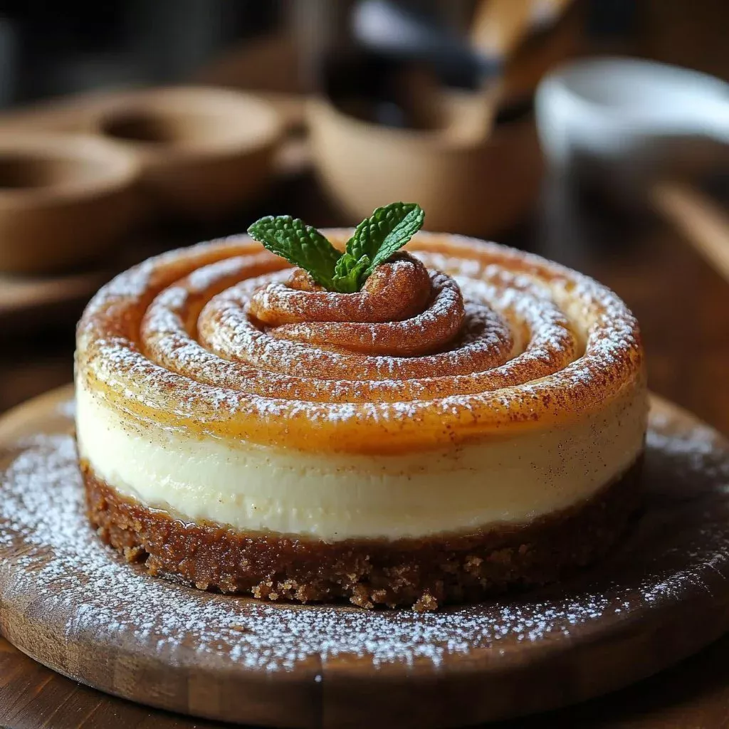 Honeybun Cinnamon Roll Cheesecake topped with cinnamon and icing