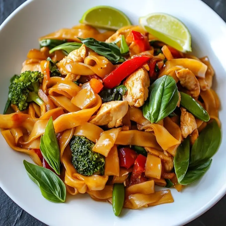 Plate of Hot Street Style Thai Drunken Noodles with vibrant vegetables and spices