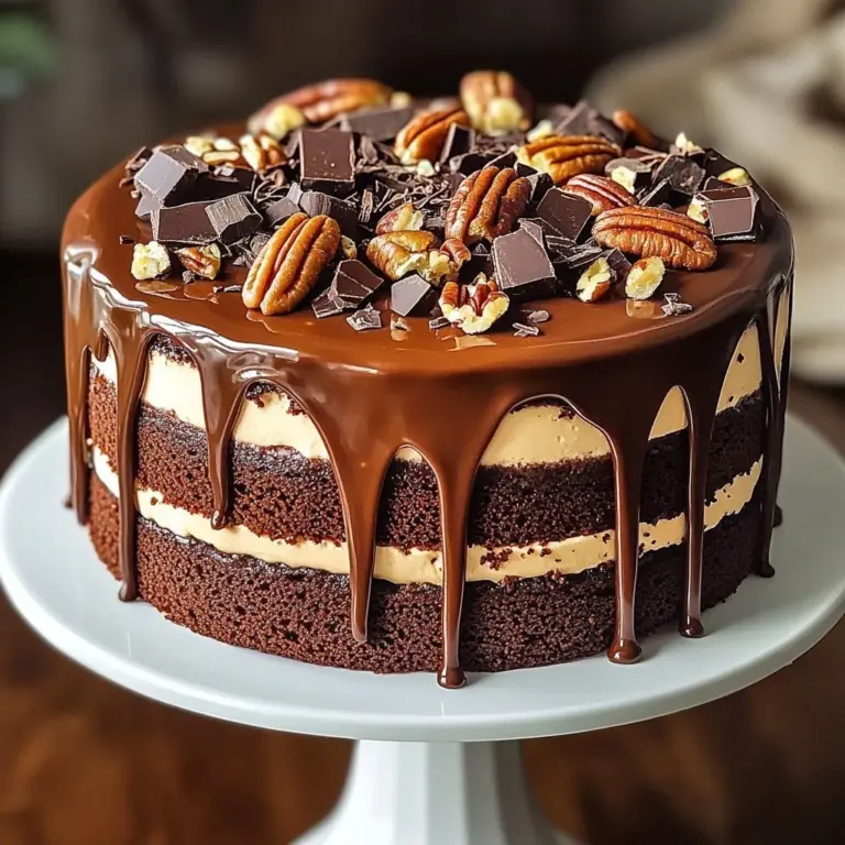 Indulgent chocolate turtle cake topped with caramel and pecans