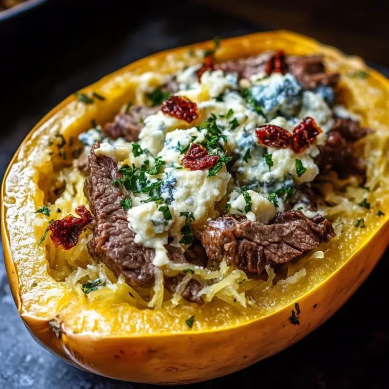 Keto Steak Gorgonzola Alfredo served over spaghetti squash