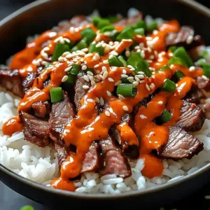 Delicious Korean BBQ steak rice bowl with vibrant vegetables and savory sauce