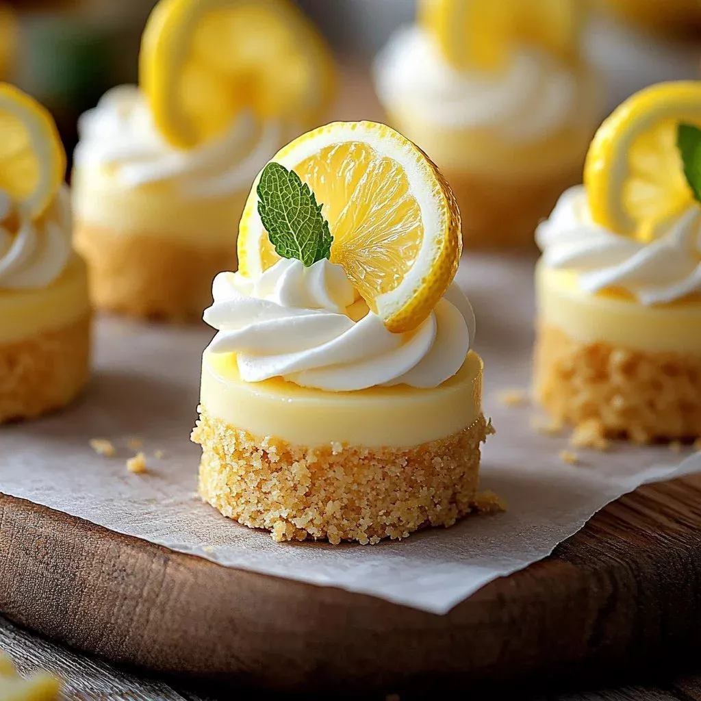 Lemon cheesecake minis on a decorative plate, garnished with lemon zest.