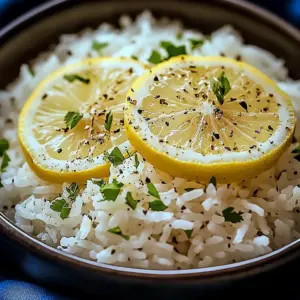 Bowl of lemon-infused Greek rice garnished with herbs and lemon slices.