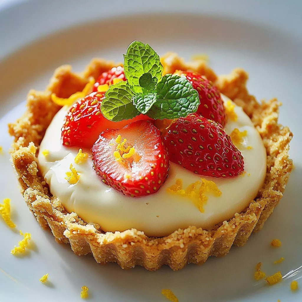 Lemon Strawberry Mousse Tart Shortcake dessert with garnished strawberries