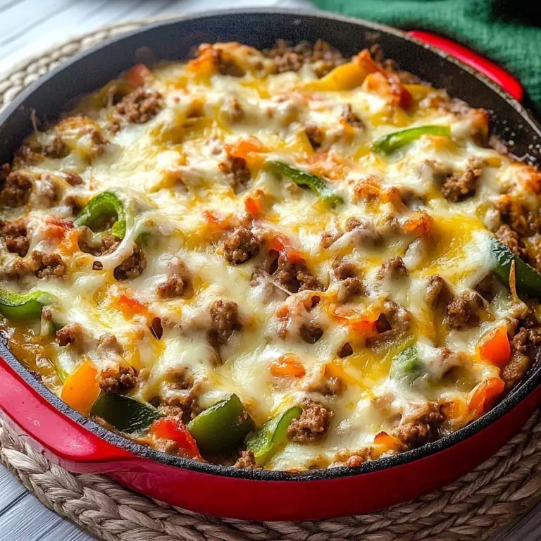 Low Carb Philly Cheesesteak Bake with cheese and peppers in a baking dish