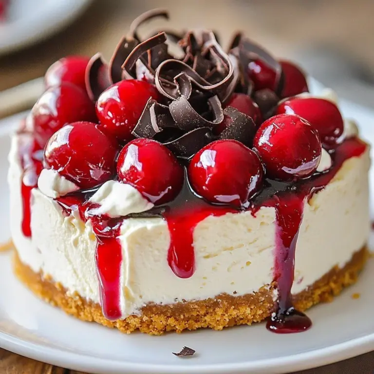 Luxurious Black Forest Cheesecake topped with cherries and whipped cream