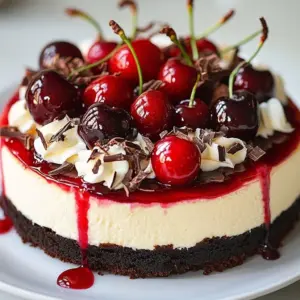 Luxurious Black Forest Cheesecake with cherries and whipped cream topping