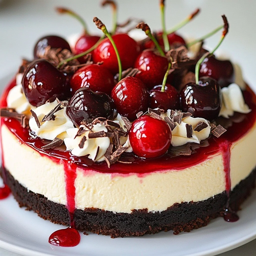 Luxurious Black Forest Cheesecake with cherries and whipped cream topping