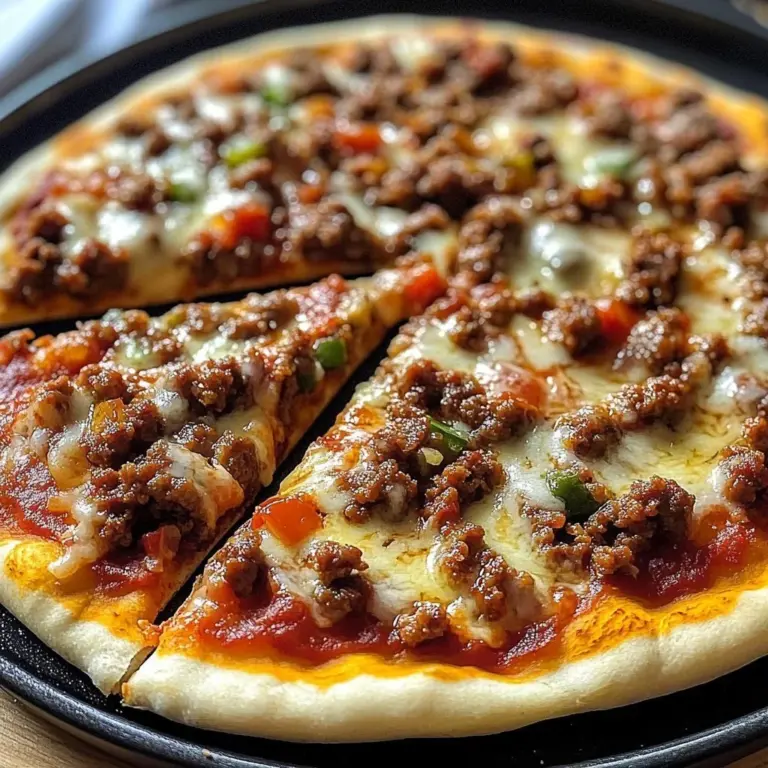 Meaty sauce pizza topped with ground beef, cheese, and fresh herbs.