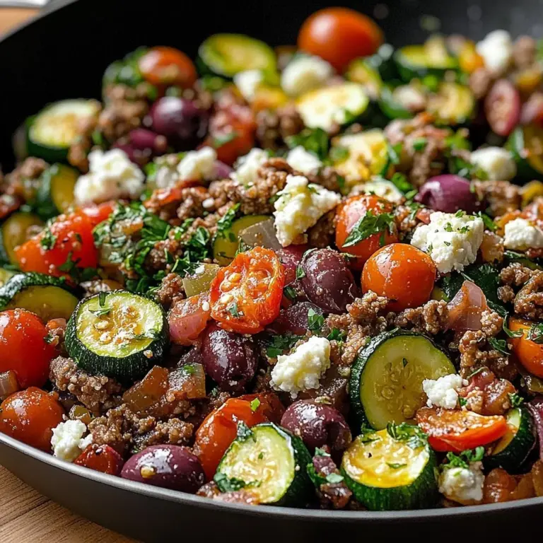 Mediterranean-style ground beef skillet with vegetables and spices