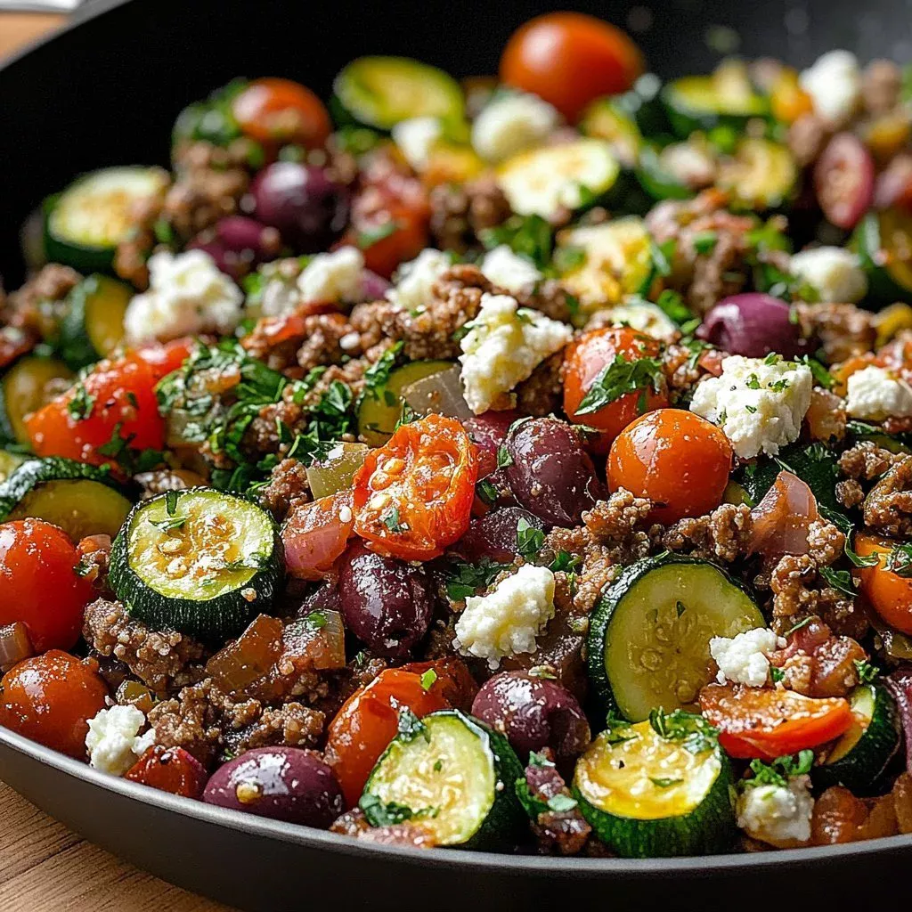Mediterranean-style ground beef skillet with vegetables and spices