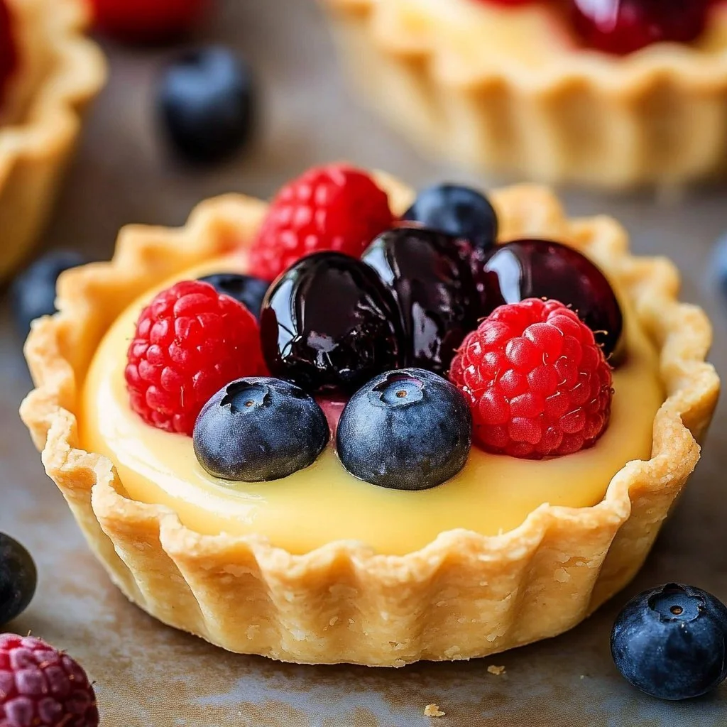 Mini fruit tarts filled with cream and topped with vibrant fresh fruits
