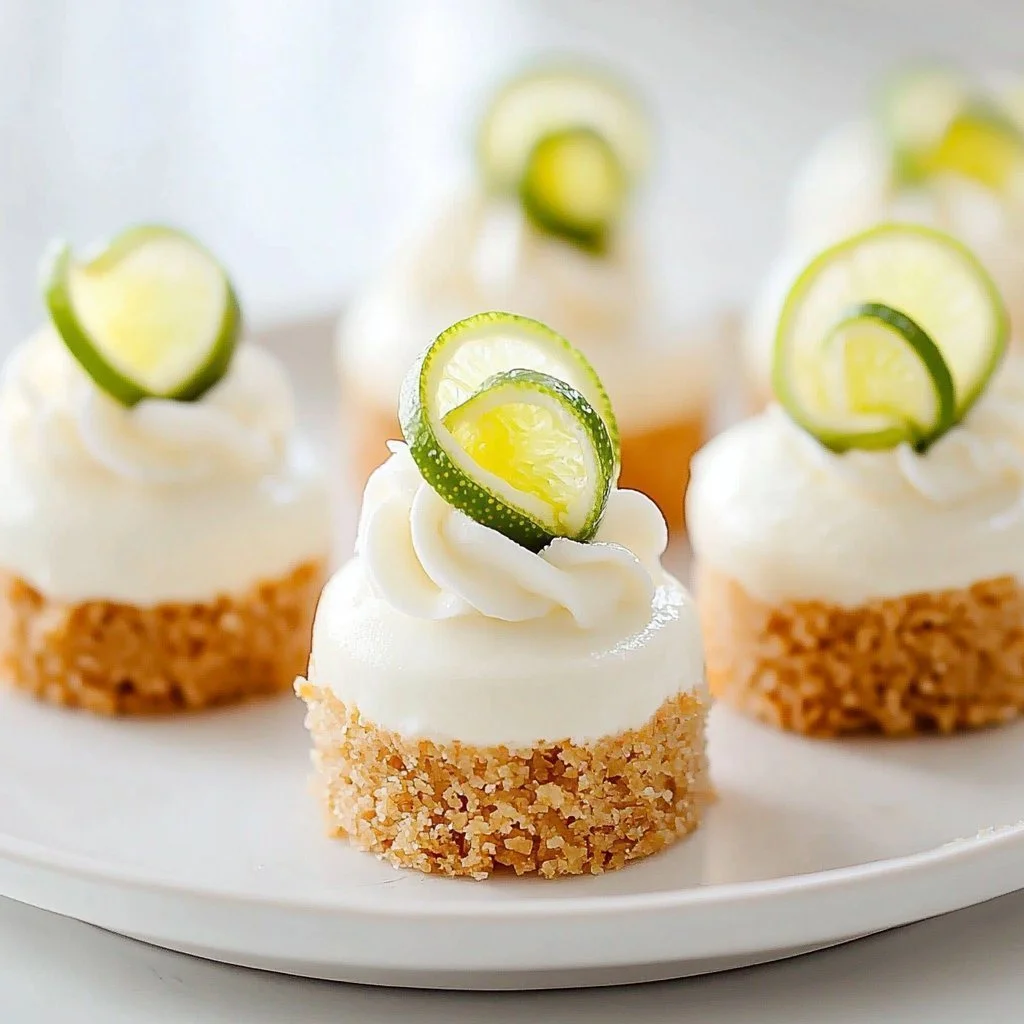 Delicious mini key lime cheesecake bites garnished with lime.