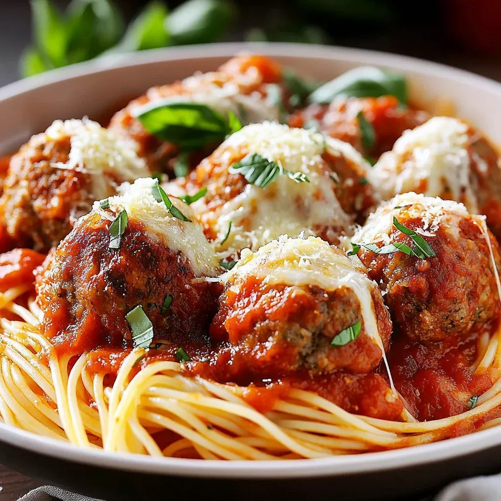 Mozzarella stuffed meatballs in slow cooker served on a plate