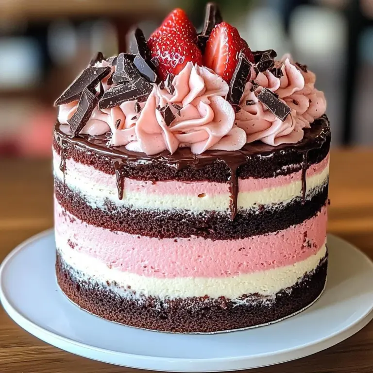 Neapolitan Indulgence Cake with layers of chocolate, vanilla, and strawberry