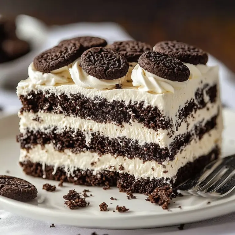 No-Bake Oreo Refrigerator Cake topped with crushed Oreos and chocolate