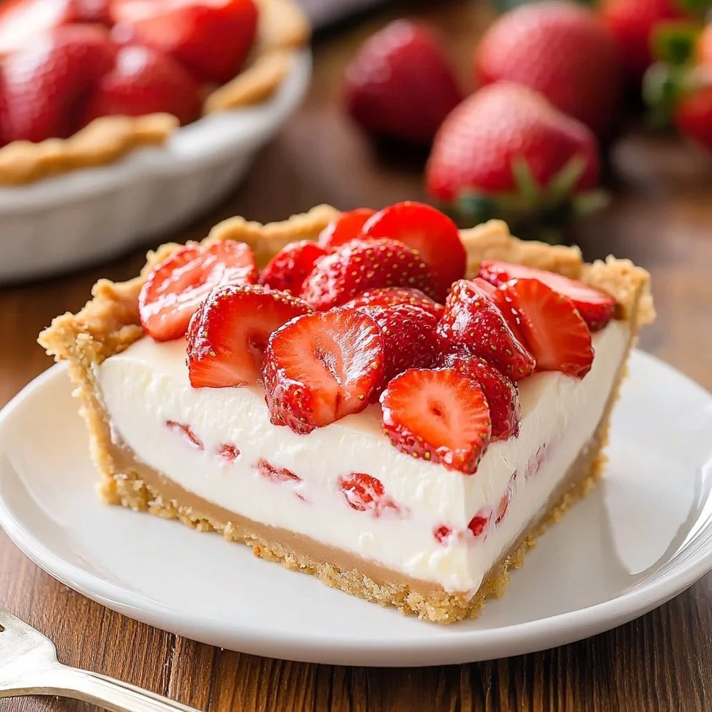 Delicious no-bake strawberry pie topped with fresh strawberries