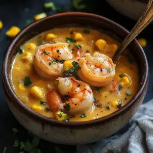 Delicious NOLA shrimp and corn bisque served in a bowl garnished with herbs.