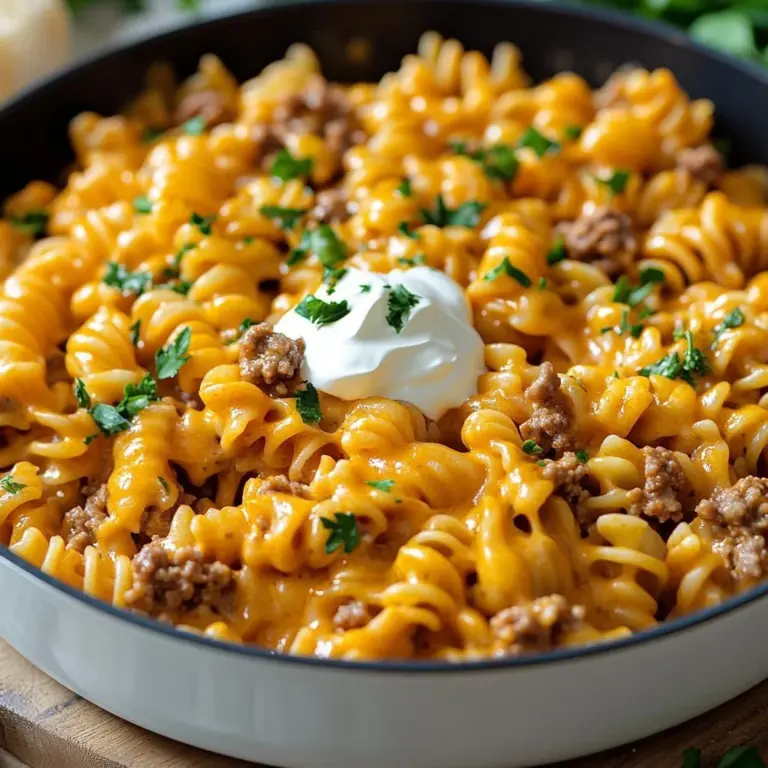 One-Pan Cheesy Taco Pasta dish garnished with cheese and herbs