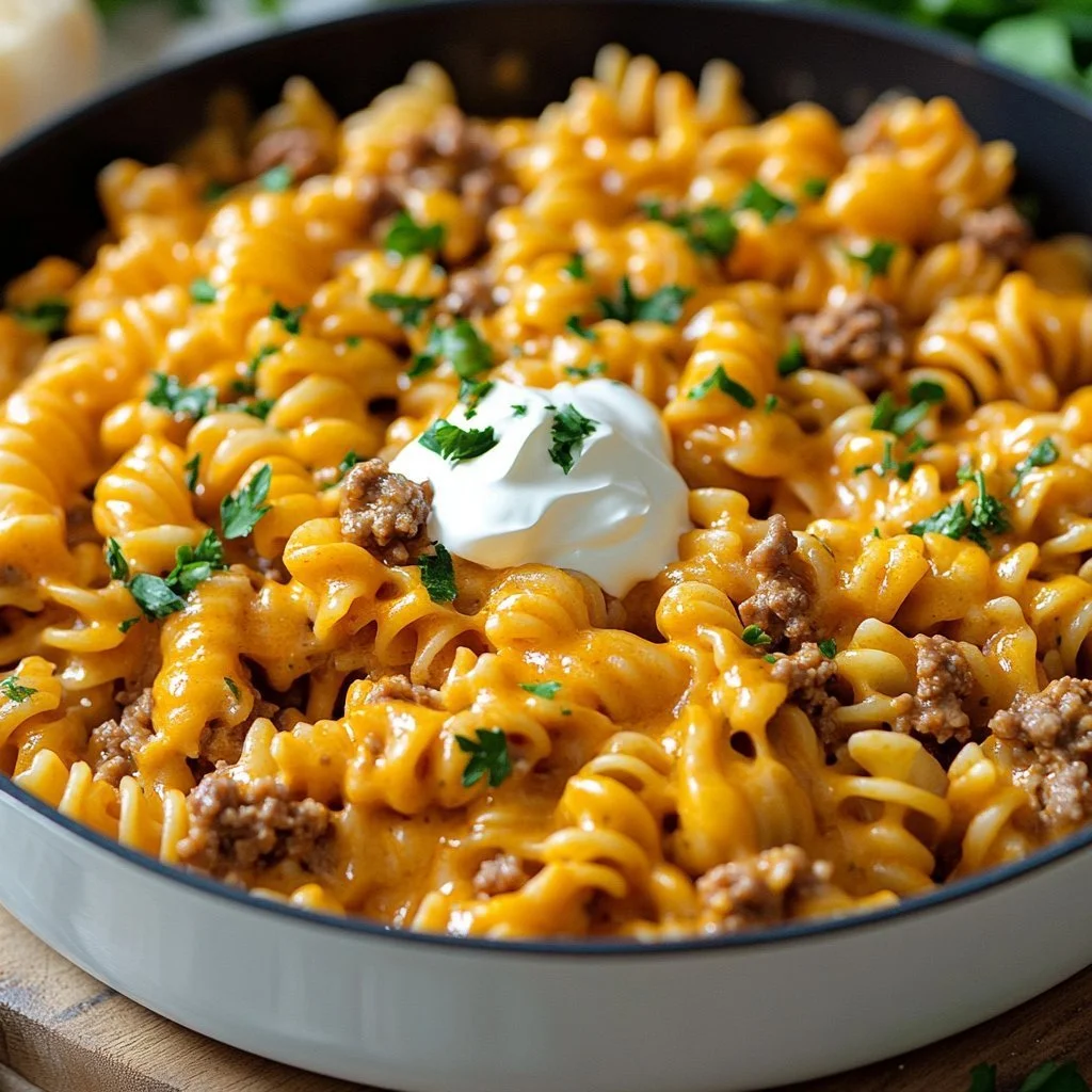 One-Pan Cheesy Taco Pasta dish garnished with cheese and herbs