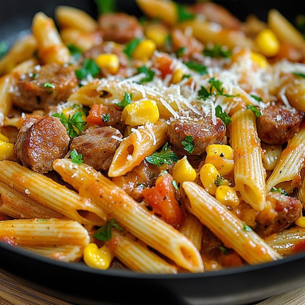 One-Pan Honey BBQ Sausage Pasta with vibrant ingredients and rich flavors.