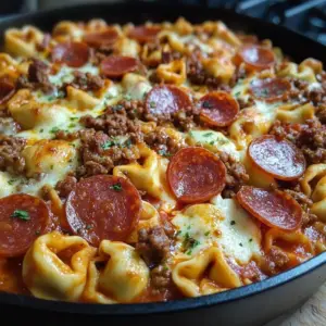 One Pan Tortellini Pizza Skillet topped with cheese and fresh ingredients