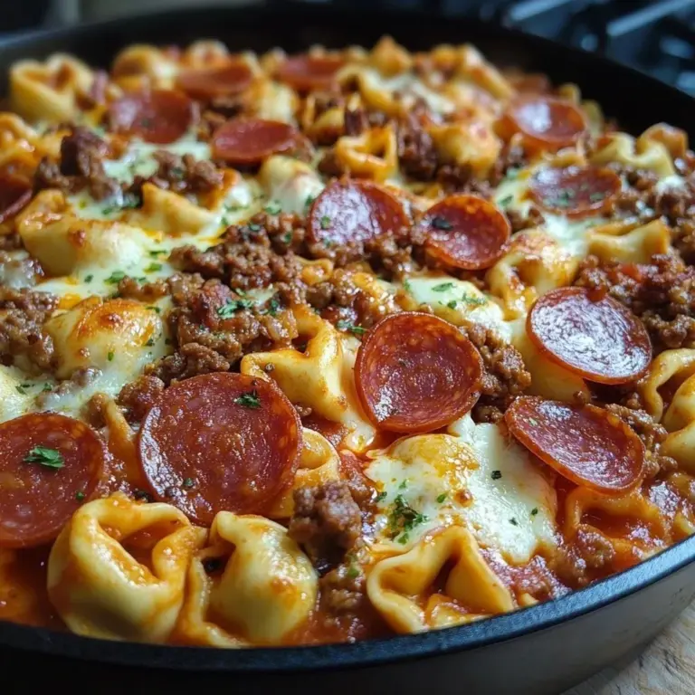 One Pan Tortellini Pizza Skillet topped with cheese and fresh ingredients