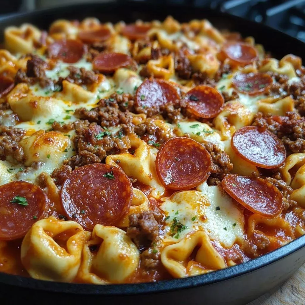 One Pan Tortellini Pizza Skillet topped with cheese and fresh ingredients