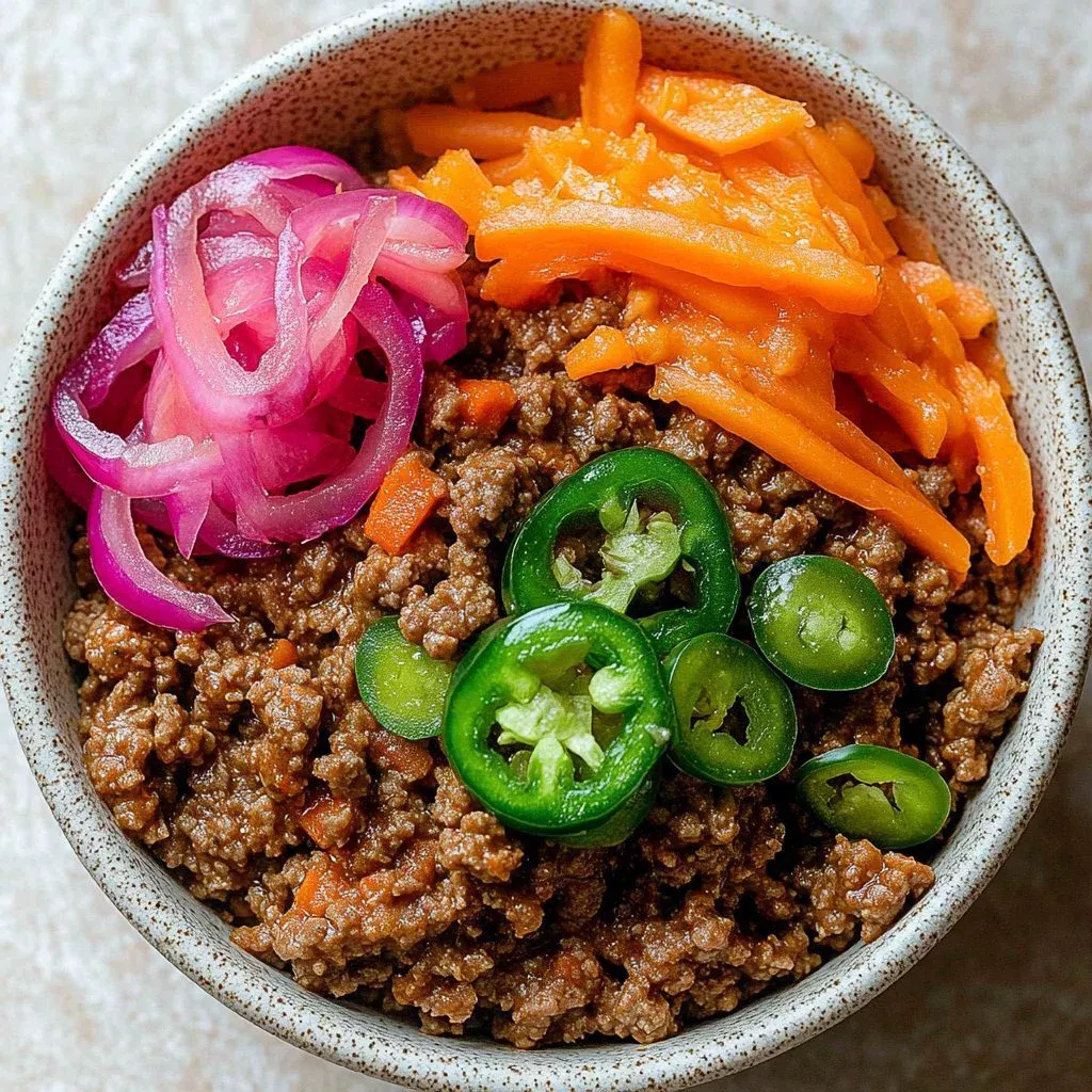 A delicious one-pot beef bowl filled with fresh ingredients and spices.