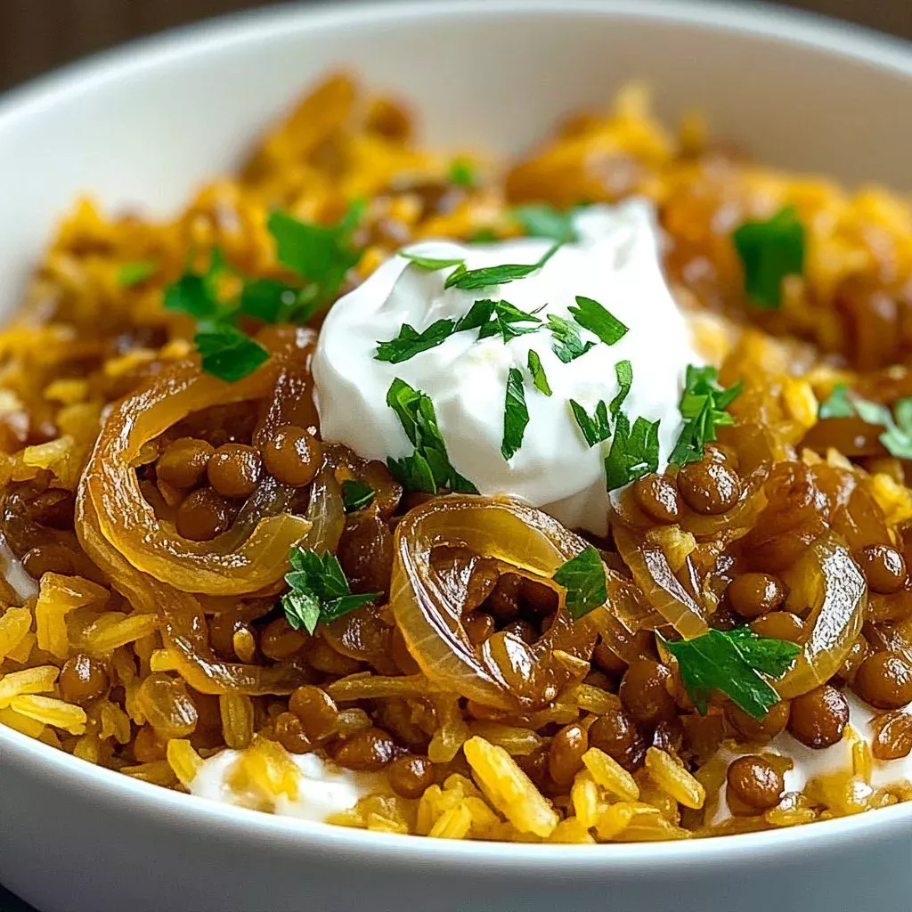 One-pot mujadara recipe with lentils and rice served in a bowl