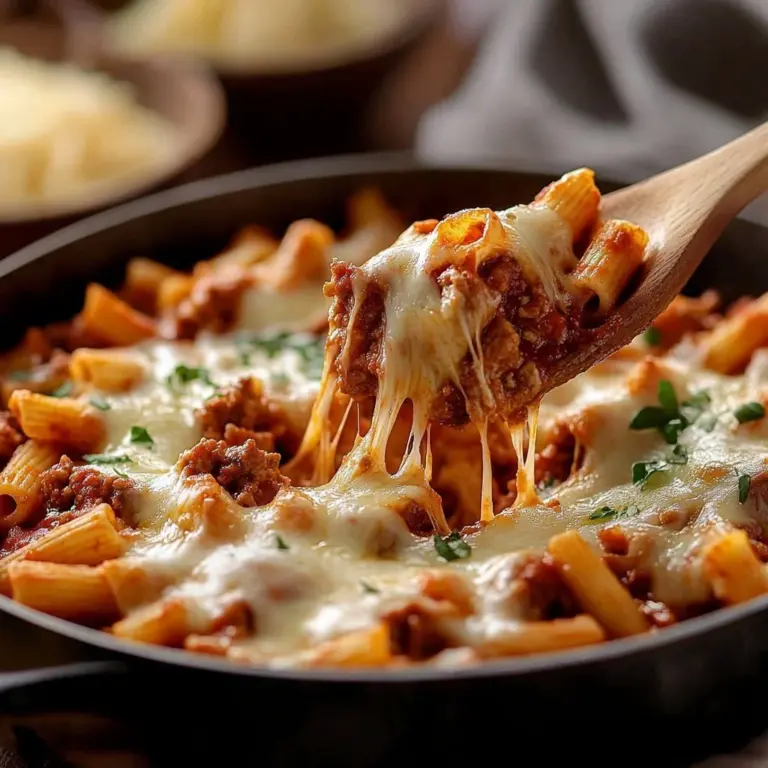 One-Pot Skillet Lasagna made with layers of pasta, cheese, and sauce.