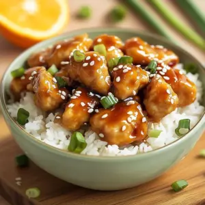 Slow cooker orange chicken in a serving dish garnished with green onions