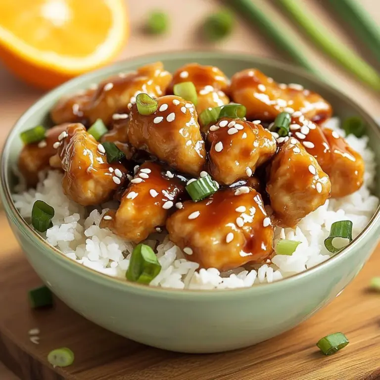 Slow cooker orange chicken in a serving dish garnished with green onions