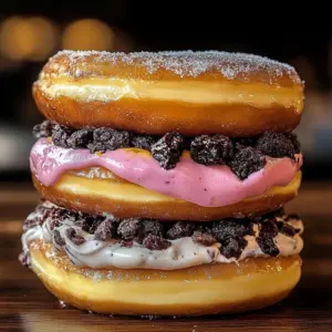 Oreo Cheesecake Donut Burger stacked with donuts, cheesecake, and cookies.
