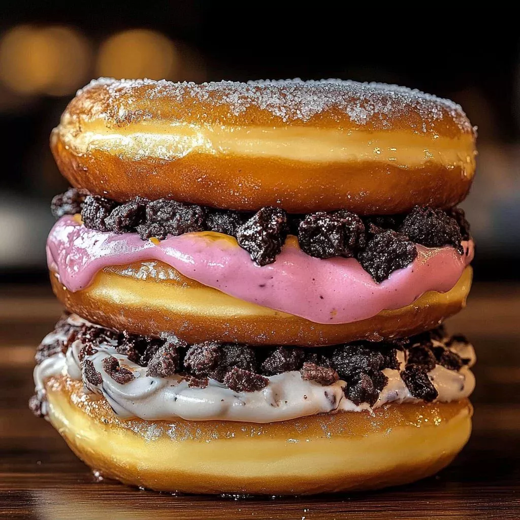 Oreo Cheesecake Donut Burger stacked with donuts, cheesecake, and cookies.