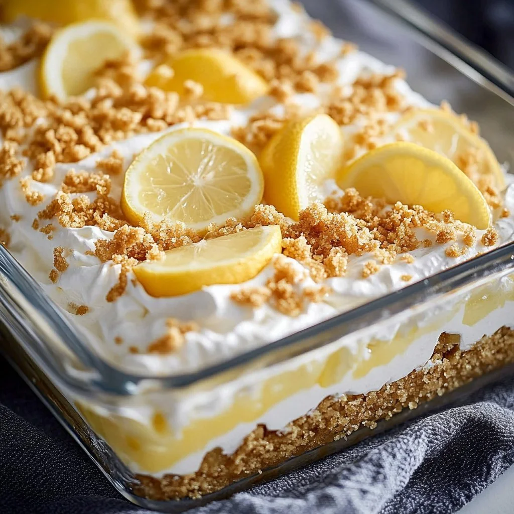 Oreo Lemon No-Bake Dessert topped with lemon slices and crushed Oreos